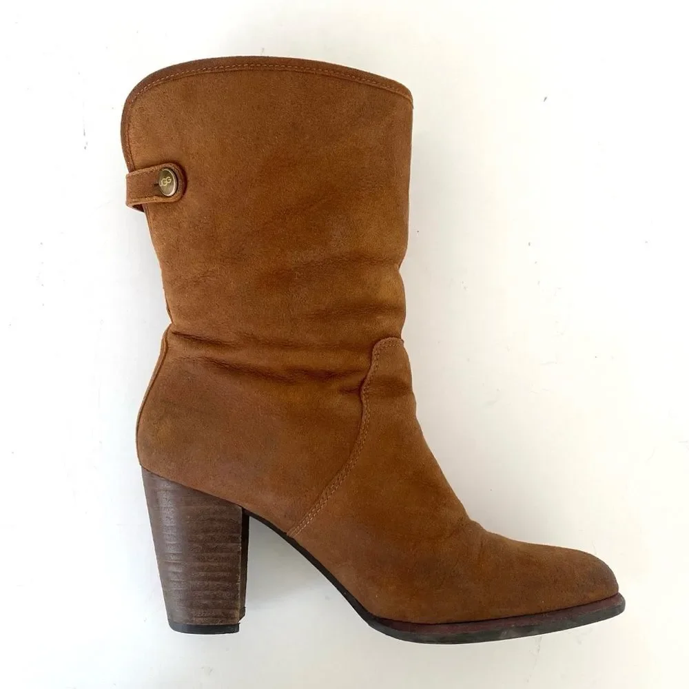 UGG Brown Suede Shepherd Healed Boots Sz 6 Boho Western Romantic Coastal Cowgirl